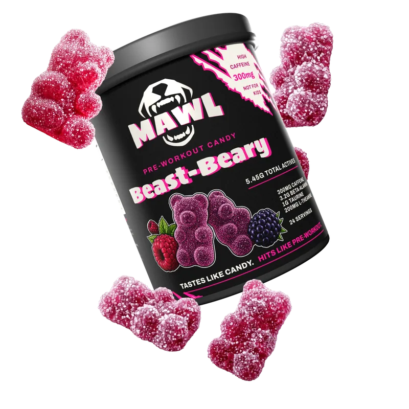 MAWL Beast-Beary pre-workout gummies tub with sour gummy bears