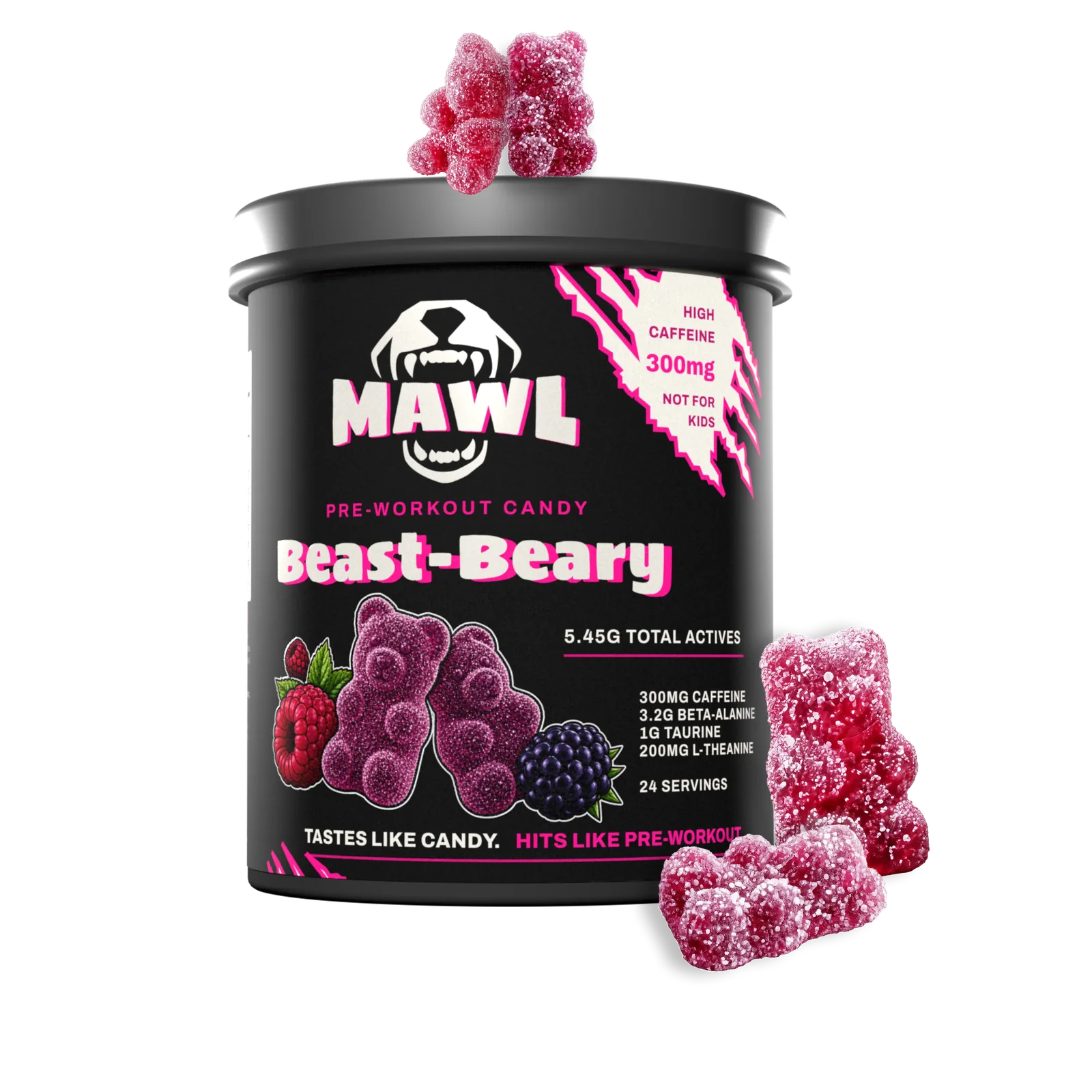MAWL Beast-Beary pre-workout gummies tub with sour gummy bears